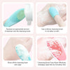 A silicone facial cleansing brush set showing the steps for use: applying cleanser, using the brush on skin, and rinsing with