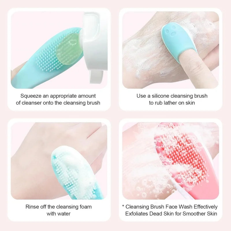 A silicone facial cleansing brush set showing the steps for use: applying cleanser, using the brush on skin, and rinsing with