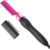A pink professional electric hot comb hair straightener with a black handle and comb attachment.