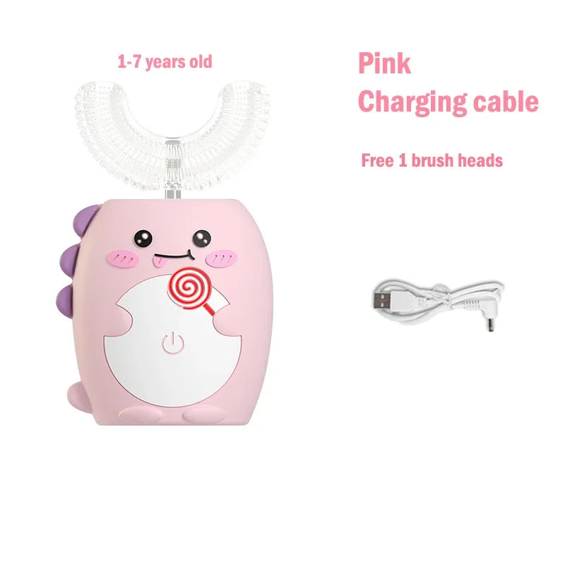 Pink charging cable and toothbrush body for kids with brush heads