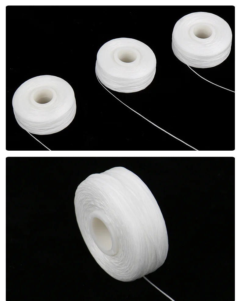White dental floss spool with thin white floss visible on a black background.