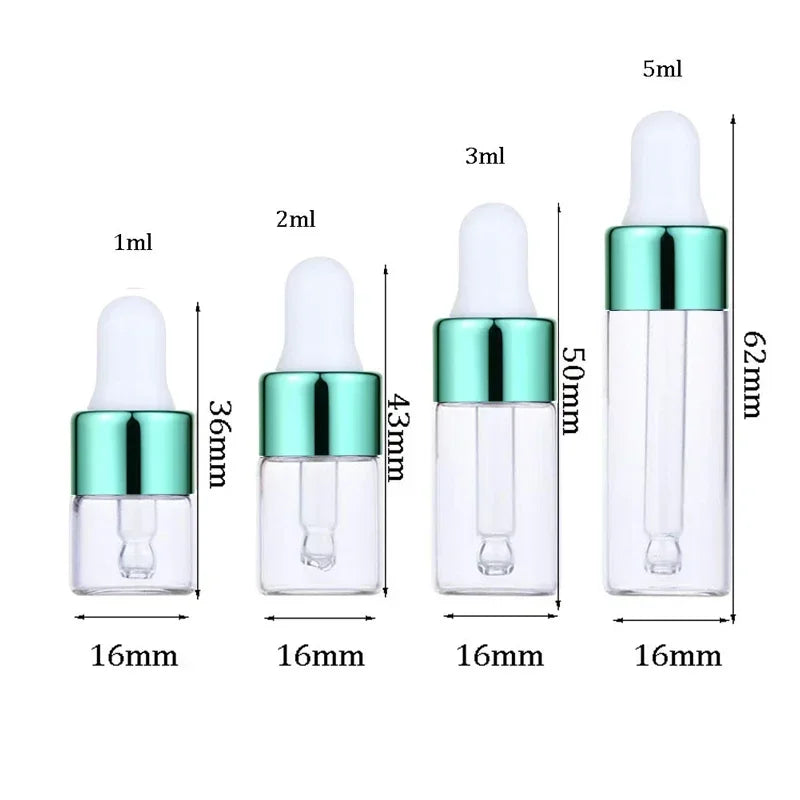 A set of four glass dropper bottles with various volumes from 1ml to 5ml, featuring a clear glass body and a metallic green c