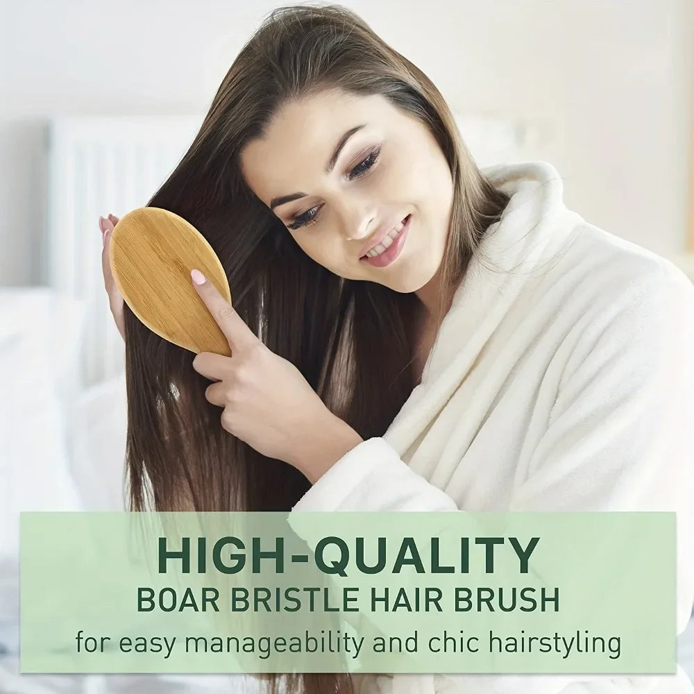 A woman is using a high-quality boar bristle hair brush to style her long, dark hair.
