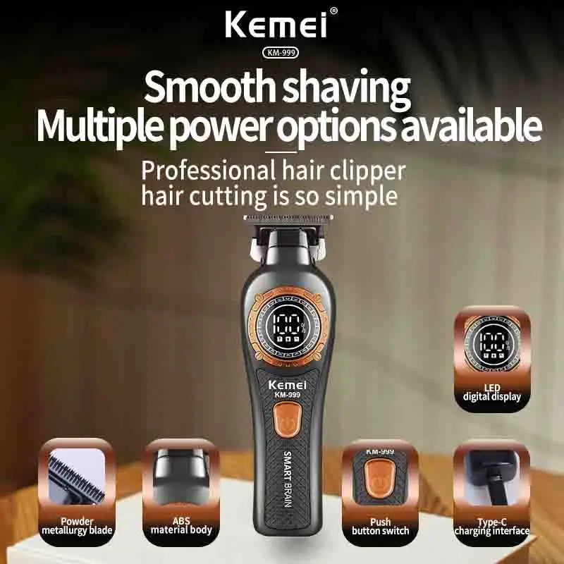 Kemei KM-999 professional hair clipper with multiple power options and accessories displayed on a dark background.