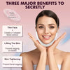 A woman is smiling while wearing a white LED facial lifting and slimming massager device.