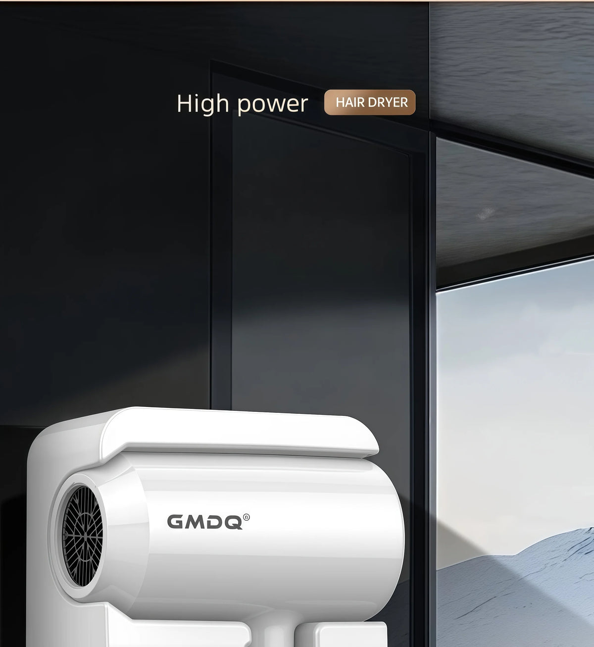 A white GMDQ high power hair dryer is shown in a close-up against a dark background.
