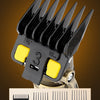 A close-up of a black electric hair comb with three teeth, showing various comb lengths and attachments.