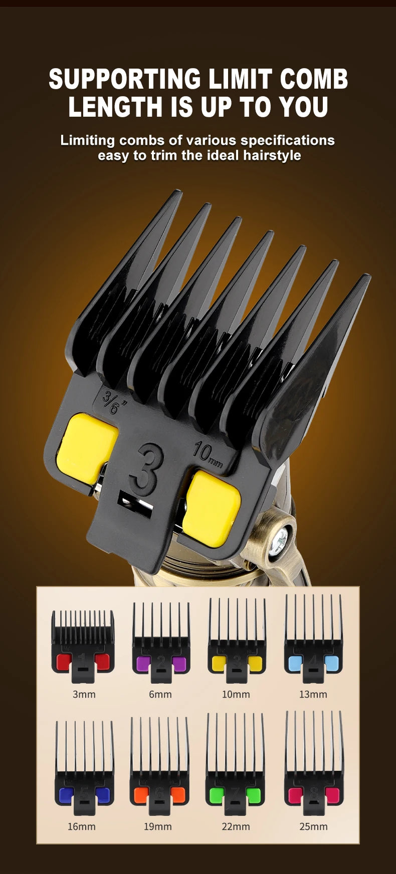 A close-up of a black electric hair comb with three teeth, showing various comb lengths and attachments.