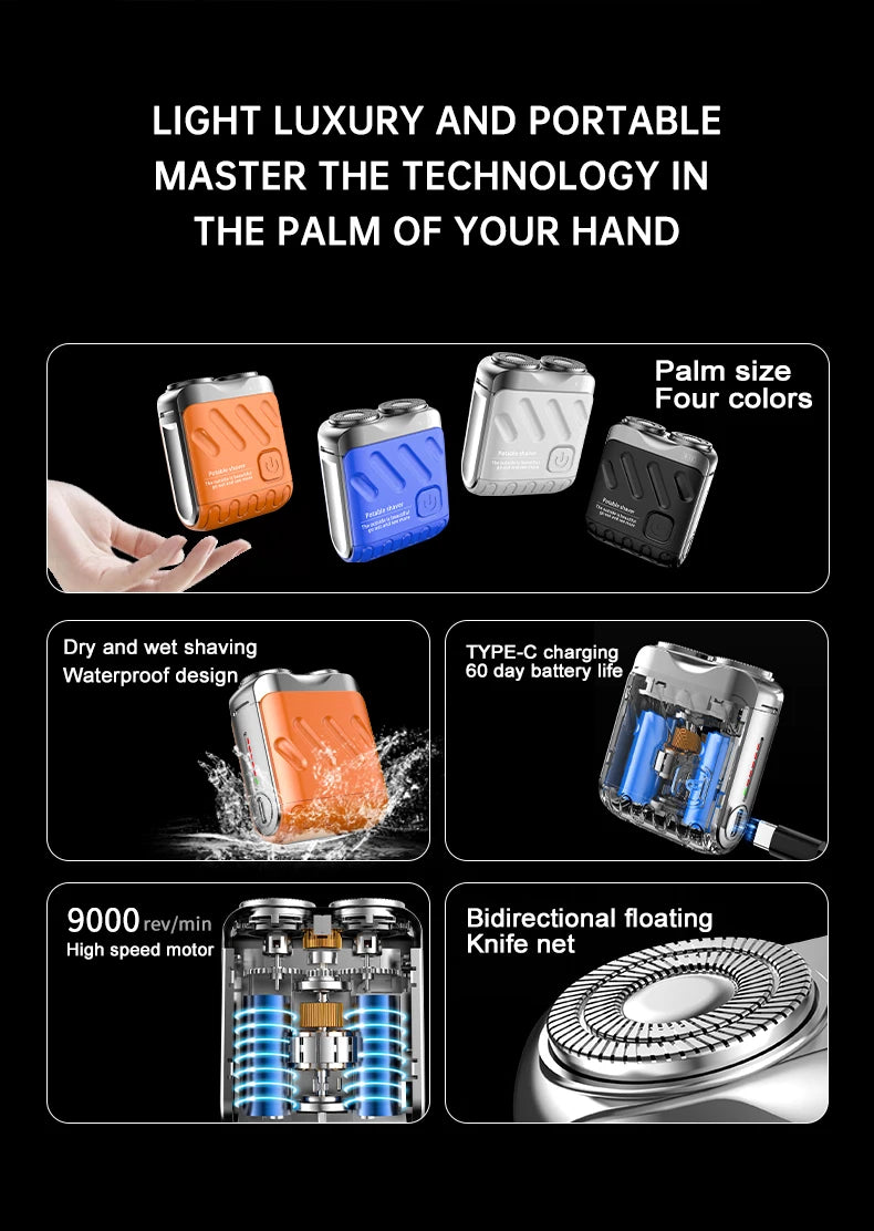 Palm size electric shaver in four colors showing various features like high speed motor and battery life