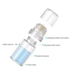 A clear glass bottle with a silver cap and an attached metal stamp for professional microneedling.