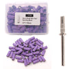 A clear plastic container holds purple 3mm small mini nail sanding bands and a single metal nail drill.