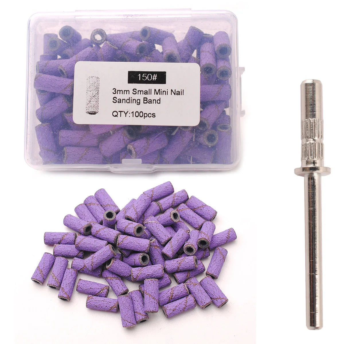 A clear plastic container holds purple 3mm small mini nail sanding bands and a single metal nail drill.