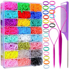 A clear plastic box filled with various colors of elastic hair bands and hair ties.