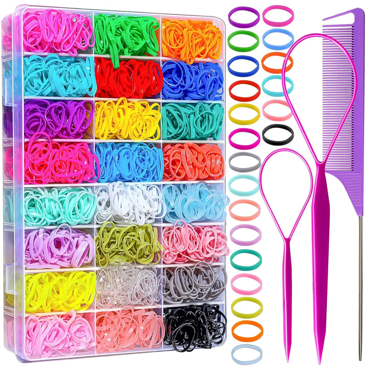 Une boîte en plastique transparent remplie de différents élastiques pour cheveux et liens pour cheveux.
