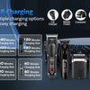 A set of professional cordless hair clippers and chargers for various devices including car, mobile power, computer, and plug