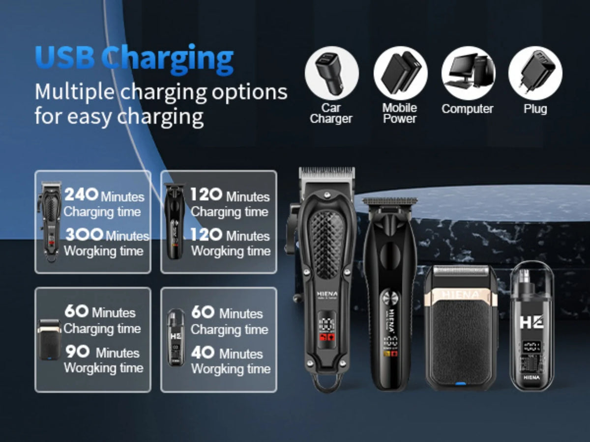 A set of professional cordless hair clippers and chargers for various devices including car, mobile power, computer, and plug