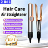A silver hair care air straightener with a gold-colored barrel and a black base is shown next to its interchangeable nozzle.