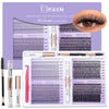 A kit of cluster lashes including bond and seal tweezers for lash application.