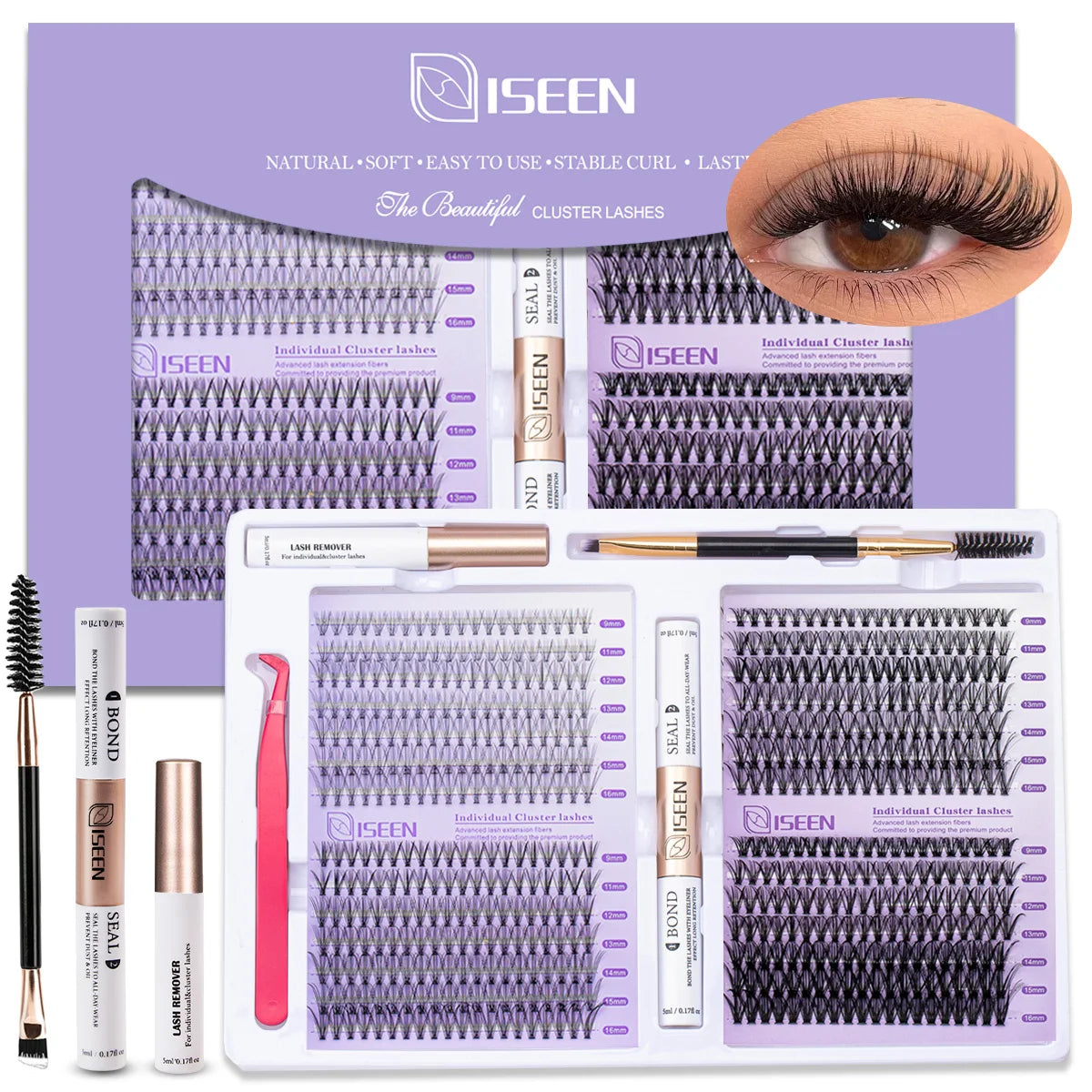 A kit of cluster lashes including bond and seal tweezers for lash application.
