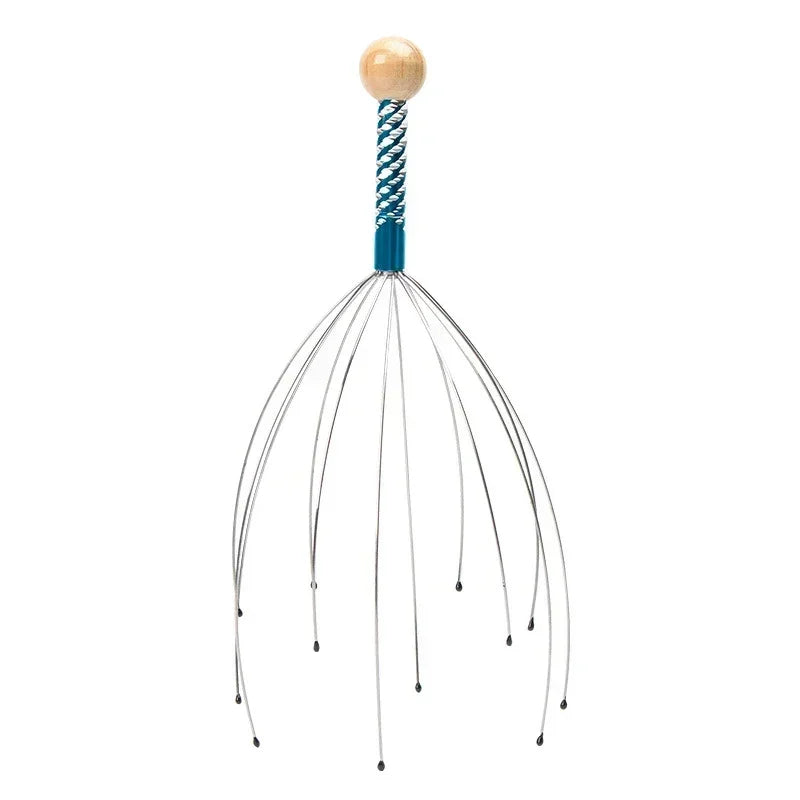 Stainless steel scalp massager with a wooden ball and braided wire strands