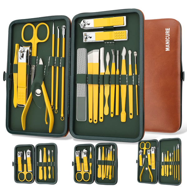 A green professional manicure and pedicure kit with yellow tools displayed in an open travel case.