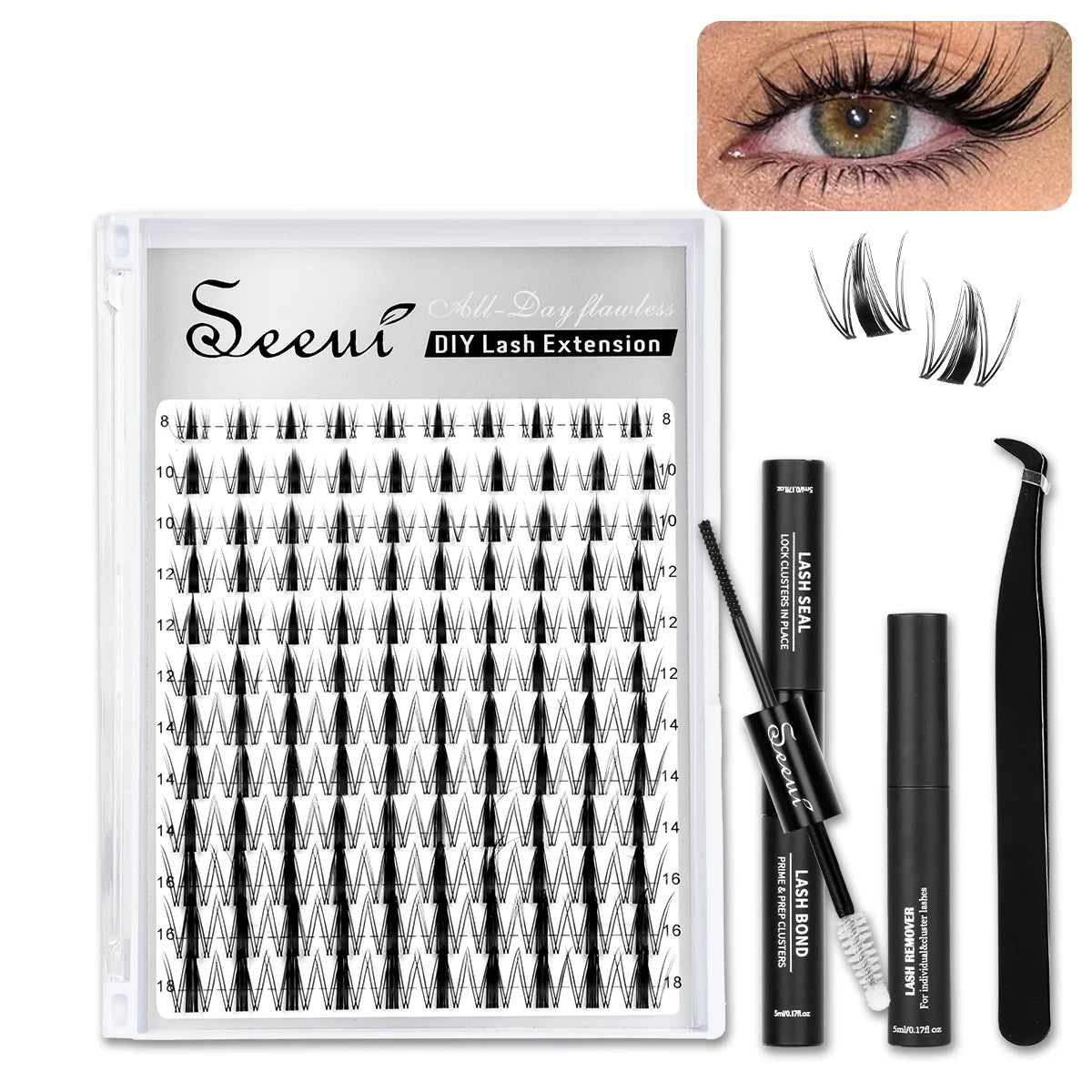 A kit for DIY lash extension featuring various lash styles and tools for natural look extensions.