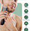 A man is using a black electric body shaver trimmer on his chest, with five advantages listed beside him.