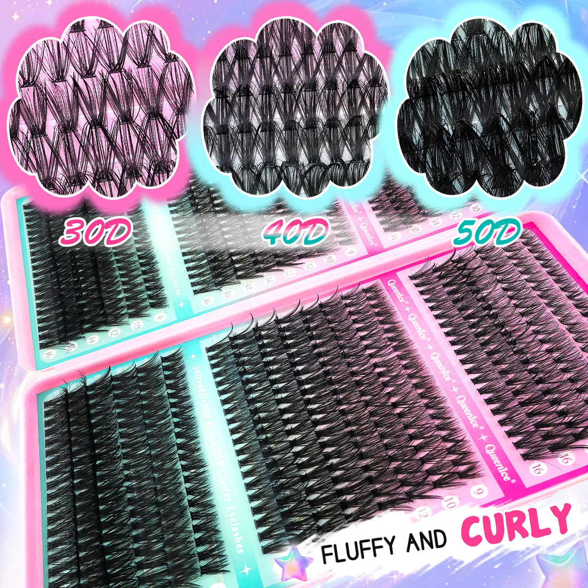 A collection of DIY lash extension kits showing various lengths and styles including 30D, 40D, and 50D fluffy and curly lashe