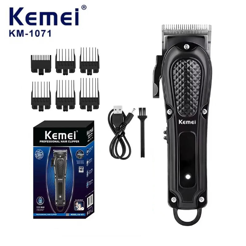 Black Kemei KM-1071 professional electric hair clipper trimmer with guards and accessories