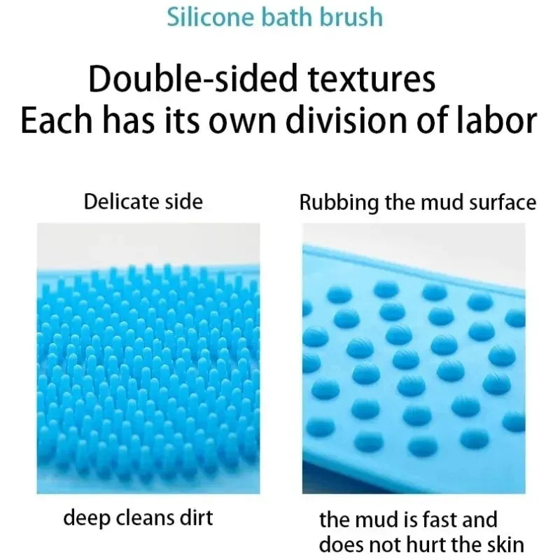Blue silicone bath brushes showing two sides: a delicate side and a side for rubbing mud surface.