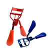 A set of red and blue professional eyelash curlers displayed against a white background.