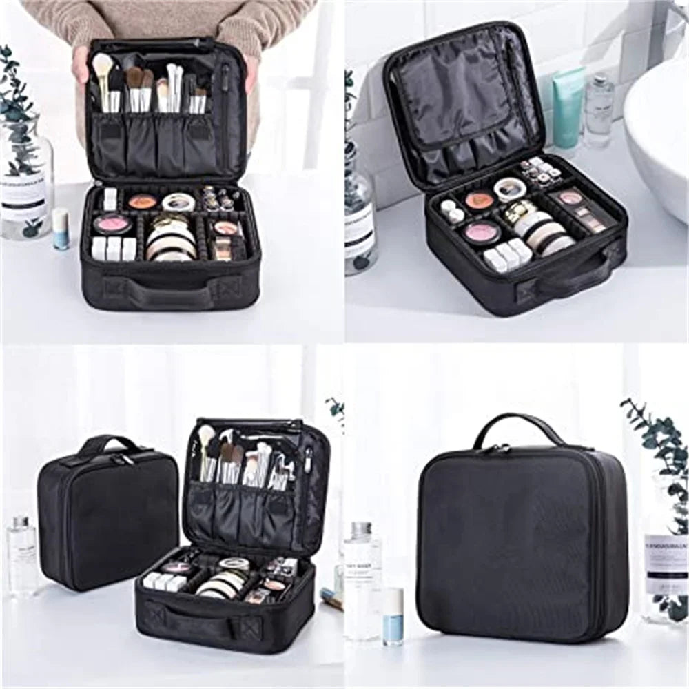 A black portable makeup organizer bag shown open and closed, displaying various cosmetic products and tools.