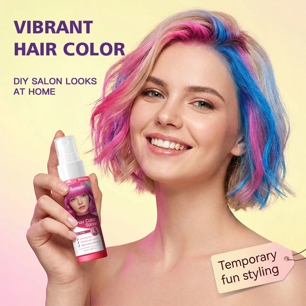 Una mujer joven muestra una botella de spray para color de cabello vibrante mientras sonríe, demostrando peinado temporal div