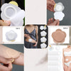 Various disposable adhesive belly button patches in white and beige colors shown being applied to skin.