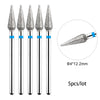 A set of five silver diamond nail drill bits with blue accents shown next to a magnified view.