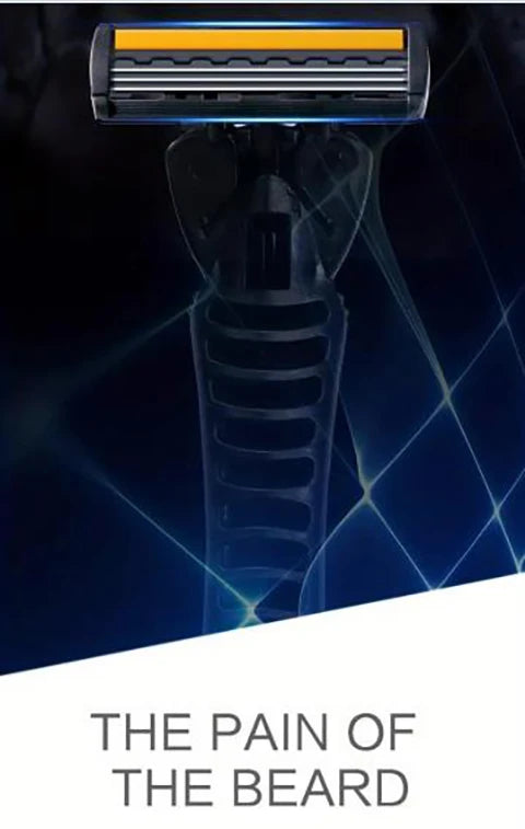 A close-up of a black manual razor with an orange and blue blade, set against a dark background.