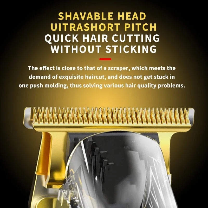 A close-up view of a gold-colored electric hair cutting tool for precision haircuts.
