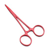 A pair of red stainless steel veterinary forceps and needle holder.