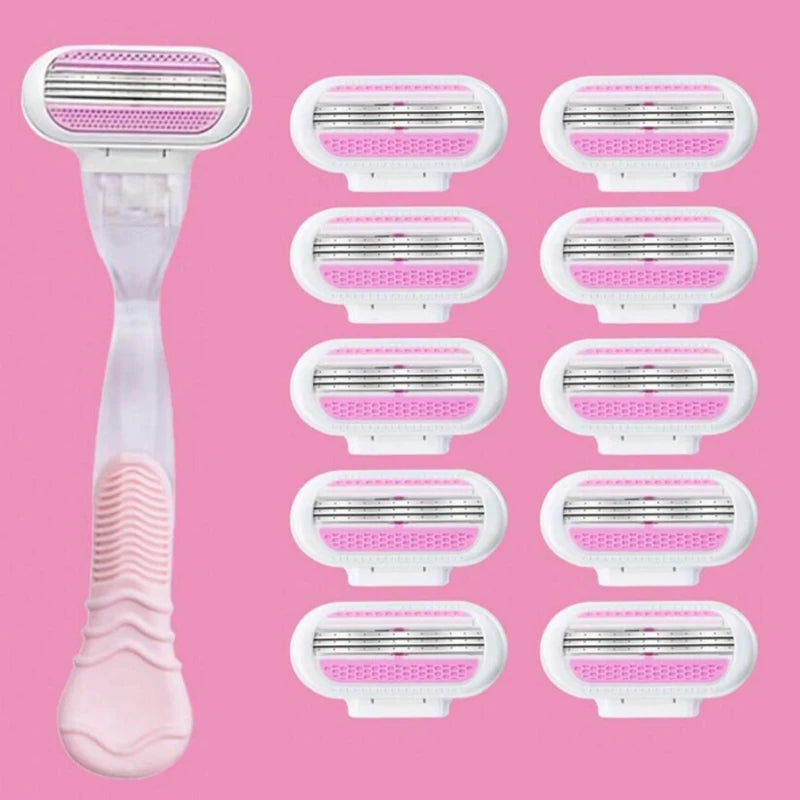 A set of 10 replacement shaving blades in pink and white plastic housed in a clear handle.