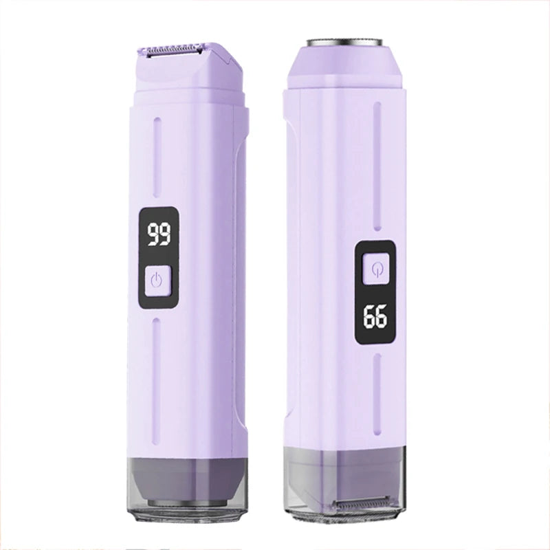 Un par de afeitadoras eléctricas moradas para vello corporal, una mostrando 99 y la otra mostrando 66.