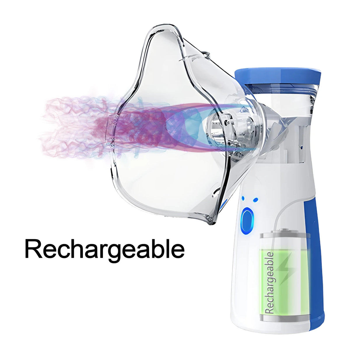 A clear portable rechargeable nebulizer device with a blue top and a purple mist being emitted.