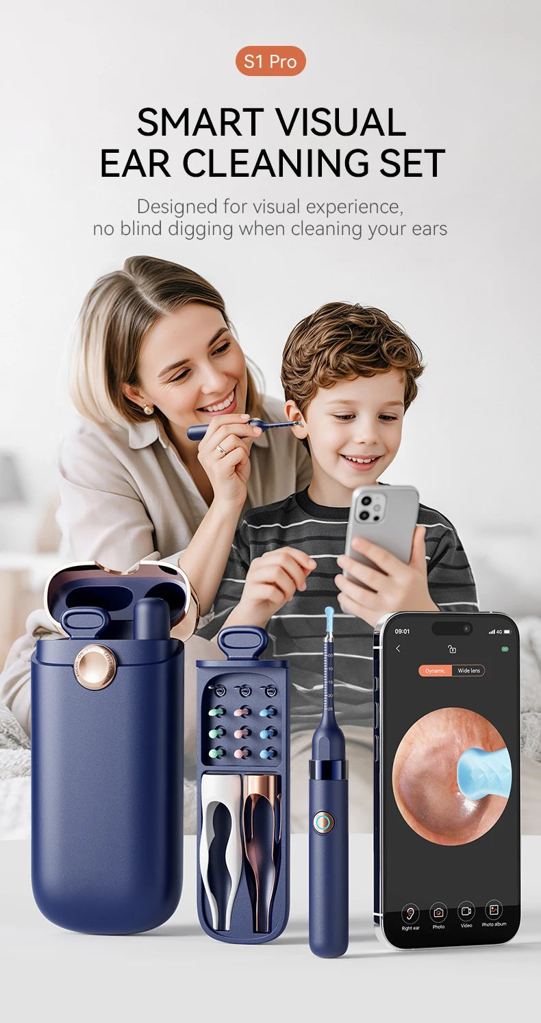 A woman and a boy are shown using a smart visual ear cleaning set with specialized tools and a smartphone.