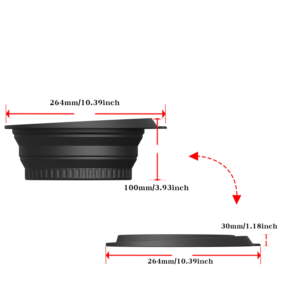 Black silicone foldable ice bath bowl with dimensions 264mm long and 100mm deep.