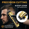 Ein Mann benutzt einen gold-schwarzen Präzisionshaarschneider für Fades und Blends.