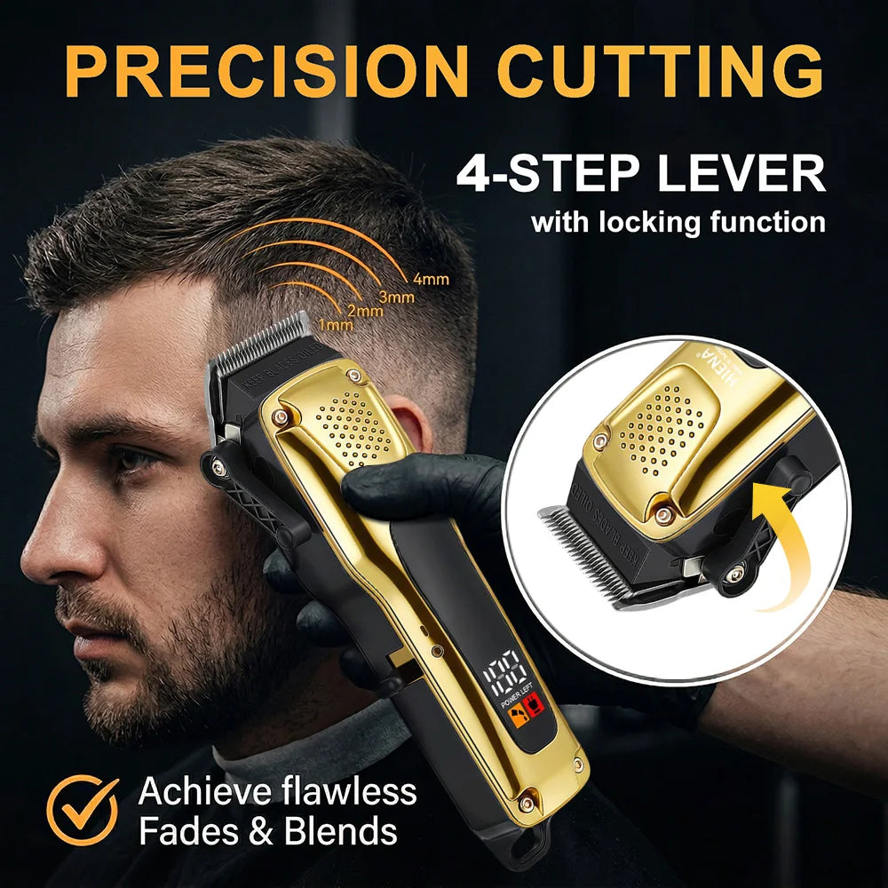 Ein Mann benutzt einen gold-schwarzen Präzisionshaarschneider für Fades und Blends.