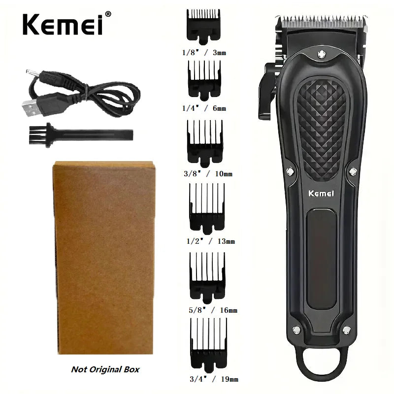 A black professional electric hair clipper trimmer with various attachments and an original box.