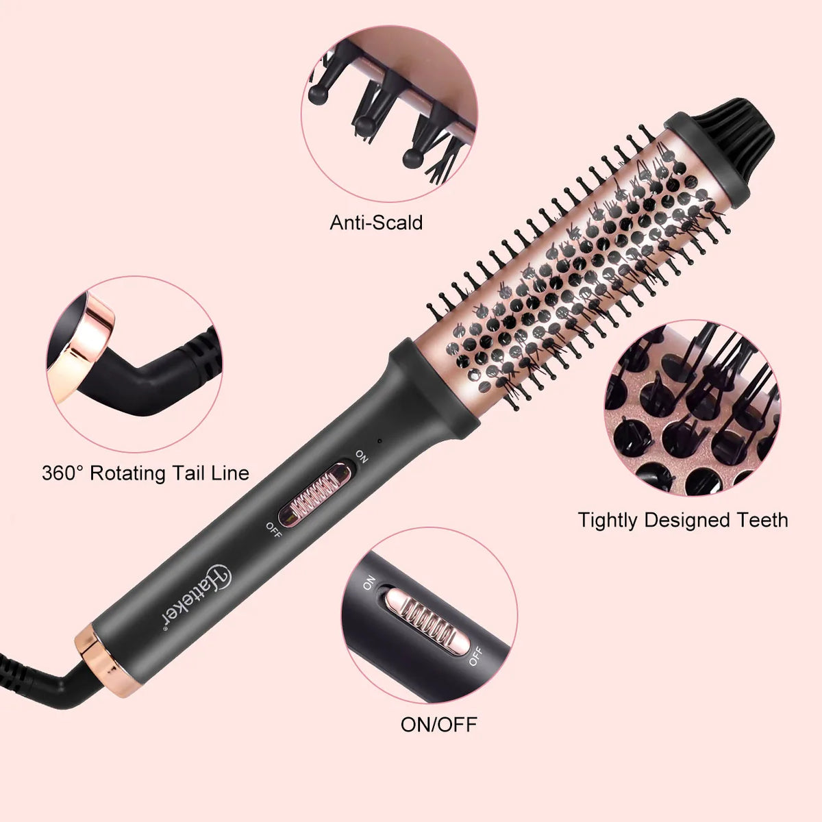 A black electric hair curling comb with a rose gold finish and rotating tail line is shown alongside detail views.