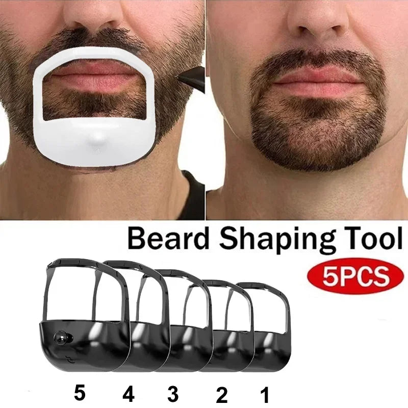 A set of five black beard shaping tools numbered 1 through 5, shown alongside examples of beard shaping.