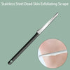 A stainless steel exfoliating scrape tool is shown next to a magnified view of its use on skin.