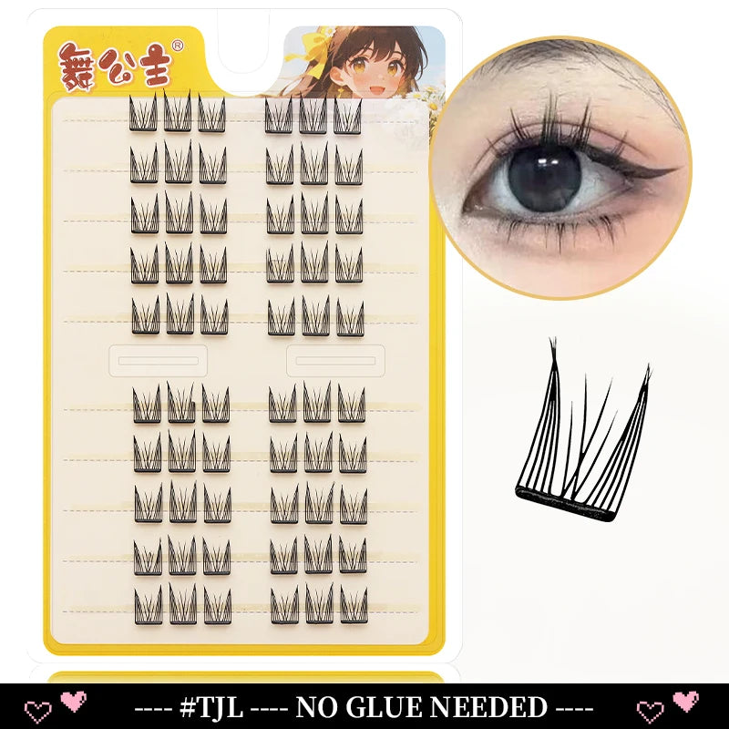 A set of black eyelash extensions for application, shown alongside a close-up of an eye and a swatch of individual lashes.